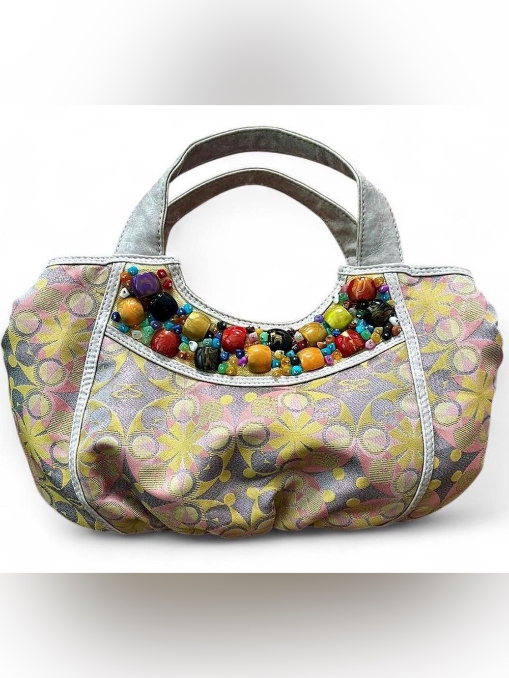 Y2K Beaded Floral Pattern Tote Bag Pink & Yellow Japanese kidcore art OOAK, EUC